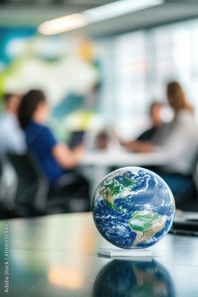Poster A 3D model of the Earth on a table in an office setting