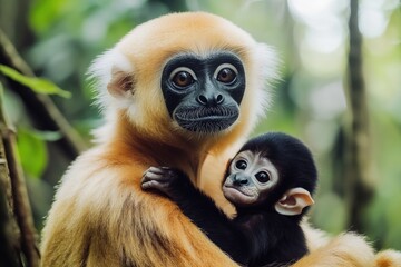 Fototapeta premium A monkey cradling a tiny baby monkey in its arms