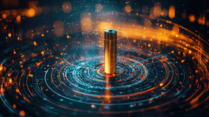 glowing battery surrounded by vibrant energy waves and digital effects