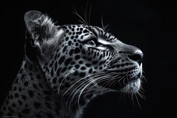 Obraz premium A close-up image of a leopard's face in black and white, highlighting its distinctive markings