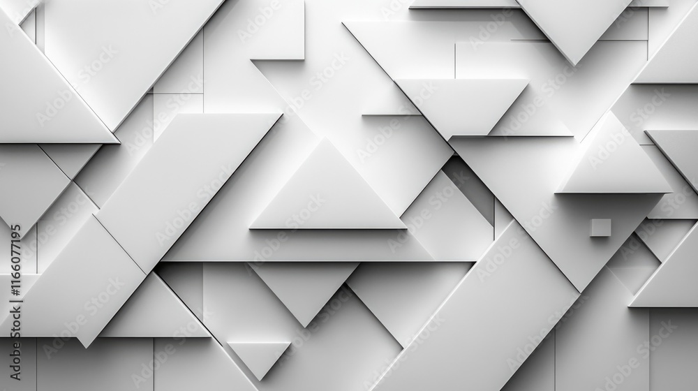Poster a modern art installation featuring a wall composed of numerous white triangular shapes