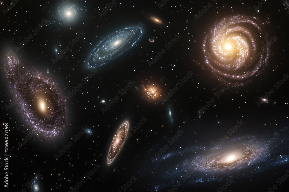 Poster a collection of distant galaxies visible in the dark night sky, ideal for use in astronomy or scienc