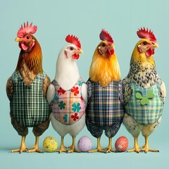 Easter concept with chicken elegant colorful woolen textile  of waistcoats and  color eggs on light blue background.