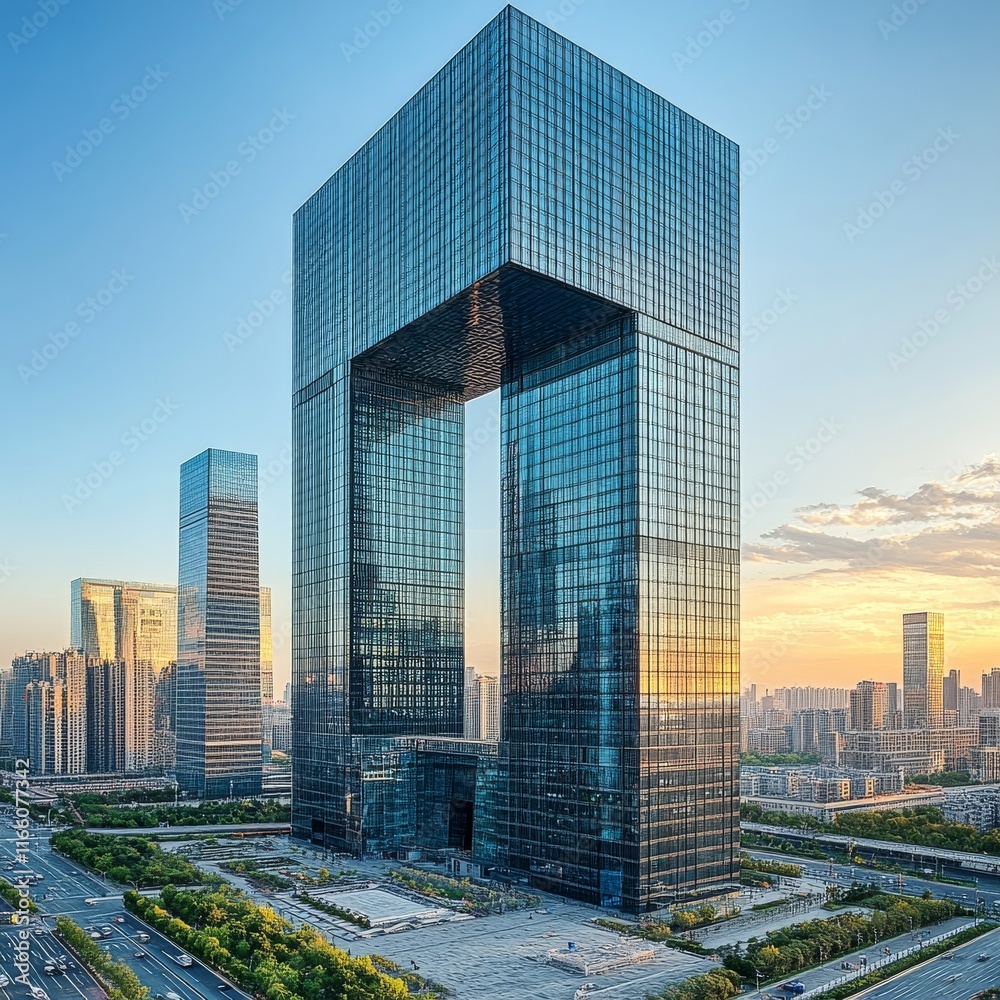 Fototapete A towering modern skyscraper, with a unique architectural design featuring a distinctive gap between its two towers, dominates the skyline of a bustling metropolis.
