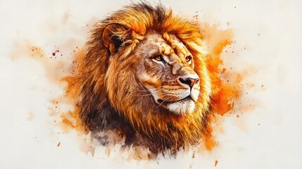 Naklejka premium Majestic lion portrait, watercolor style, orange hues.