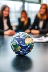 Group discussion with a world map, gathering and planning