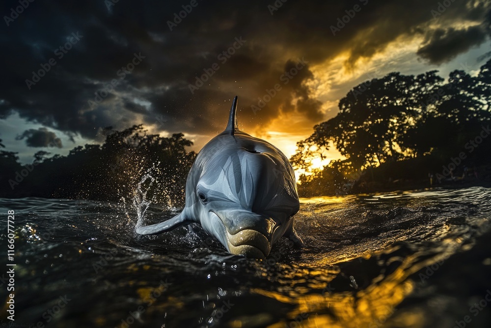 Poster a dolphin swims in the ocean as the sun sets in the background, creating a warm and serene atmospher