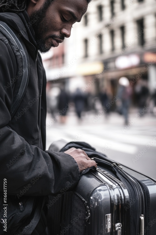 Poster a person carrying a suitcase in an urban environment, possibly heading to or from a journey