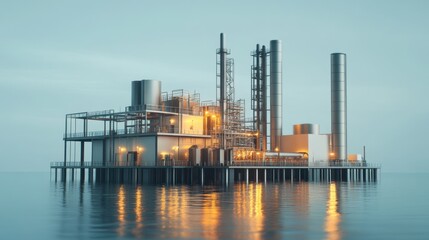 Obraz premium Oil Facility with Reflective Surfaces at Dusk
