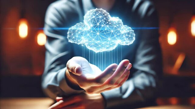 Hand holds a glowing digital cloud with dynamic data streams representing cloud computing.
