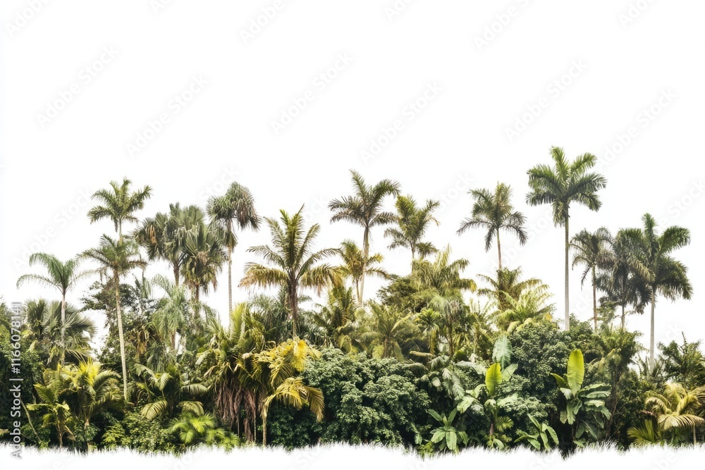 Poster a row of palm trees against a bright white sky, perfect for use in travel or nature-themed projects