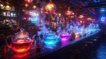 Colorful potions in a mystical bar setting.