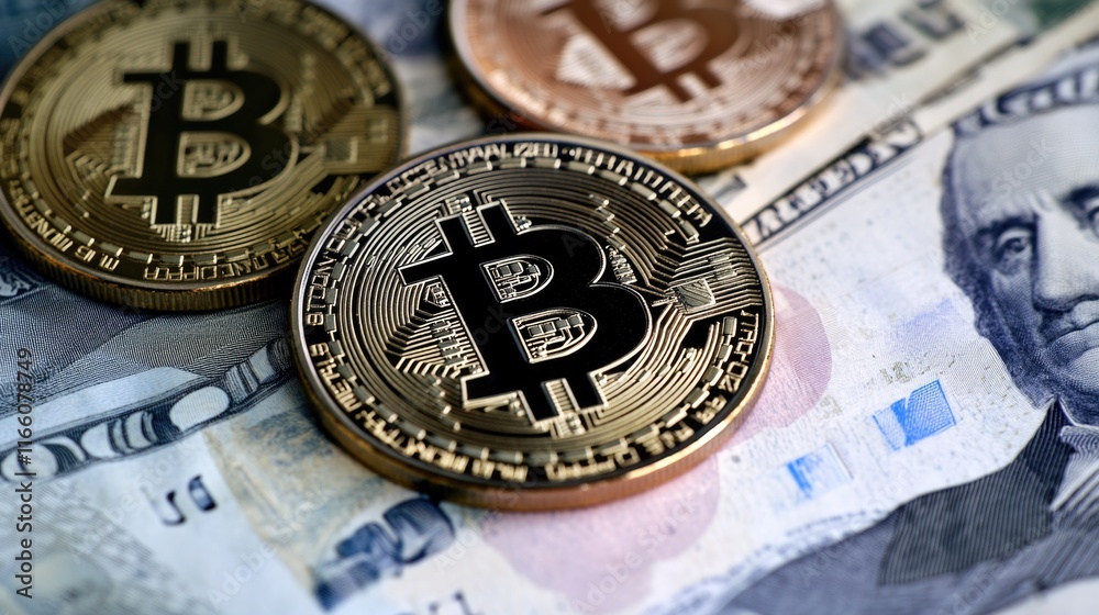 Poster a pair of bitcoin symbols sitting atop a stack of banknotes, symbolizing wealth and financial succes