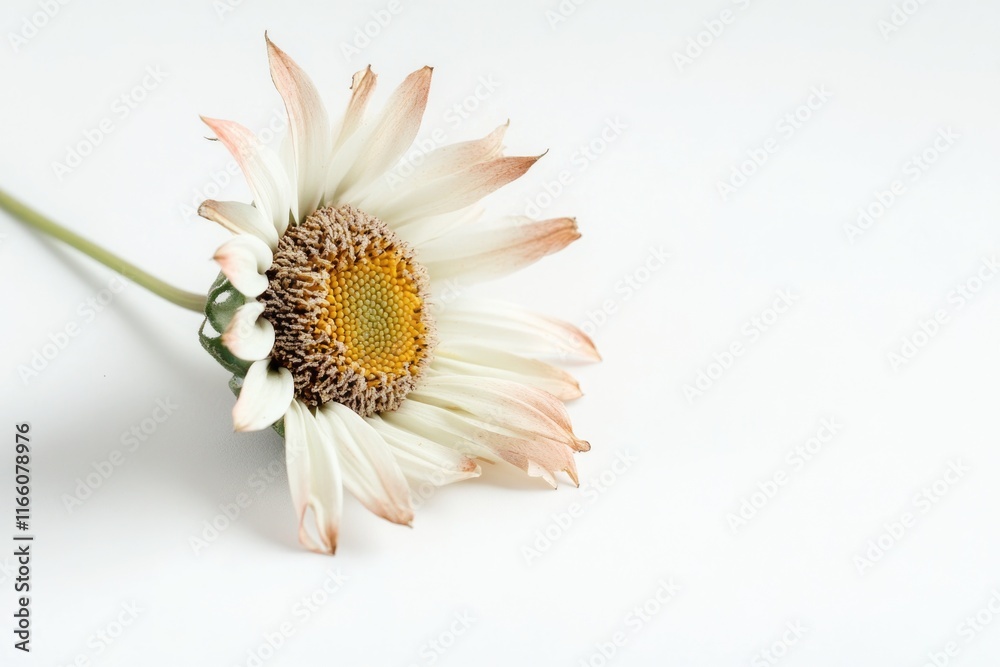 Poster A close-up view of a single white flower sitting on a white background, ideal for use in minimalist designs or as a symbol of purity and simplicity