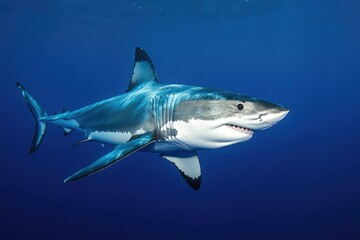 Fototapeta premium A great white shark swims in the ocean, providing an underwater perspective