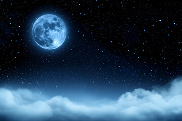Fototapeta premium Serene night scene featuring a large, bright full moon, countless stars, and a layer of soft clouds across the bottom. Ideal for dreamy backgrounds, peaceful imagery, and celestial themes.