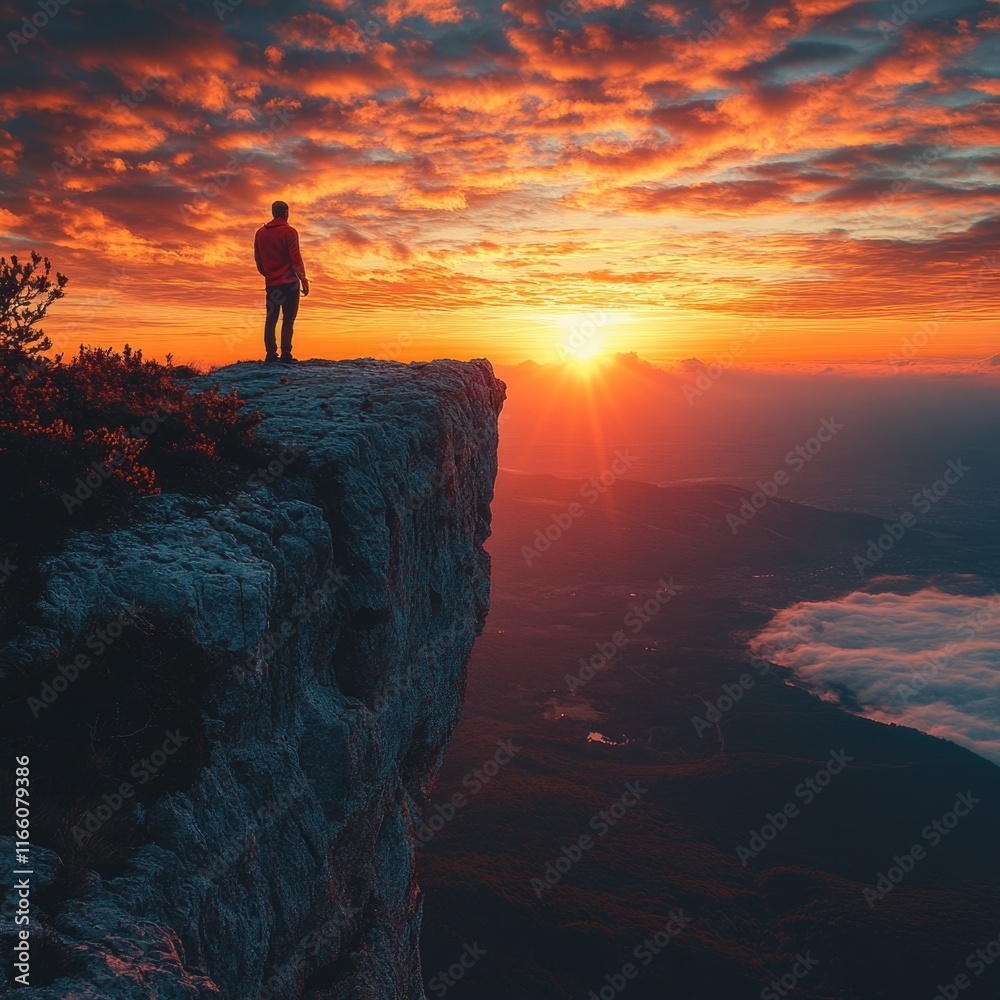 Poster a man stands at the edge of a cliff as the sun sets in the background, with a calm sea and distant l