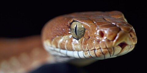 Fototapeta premium Close-up shot of a snake's head on a black background, perfect for editorial or design use