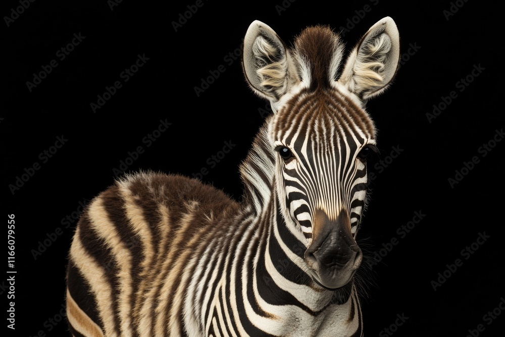 Poster a close-up image of a zebra's head and neck against a dark background