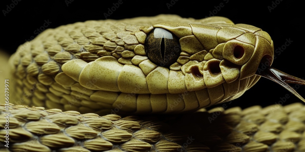 Poster a close-up view of a snake's head on a black background