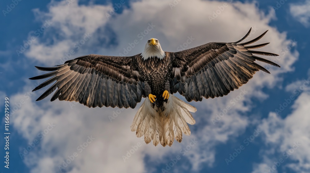 Poster a bald eagle soaring through the air, surrounded by a blanket of clouds