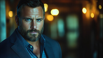 Bearded man with piercing gaze, posing in a dark suit in a warm, blurred background, projecting seriousness and confidence. Generated with AI.