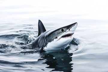 Fototapeta premium A great white shark swimming underwater with its mouth open, ready to catch prey