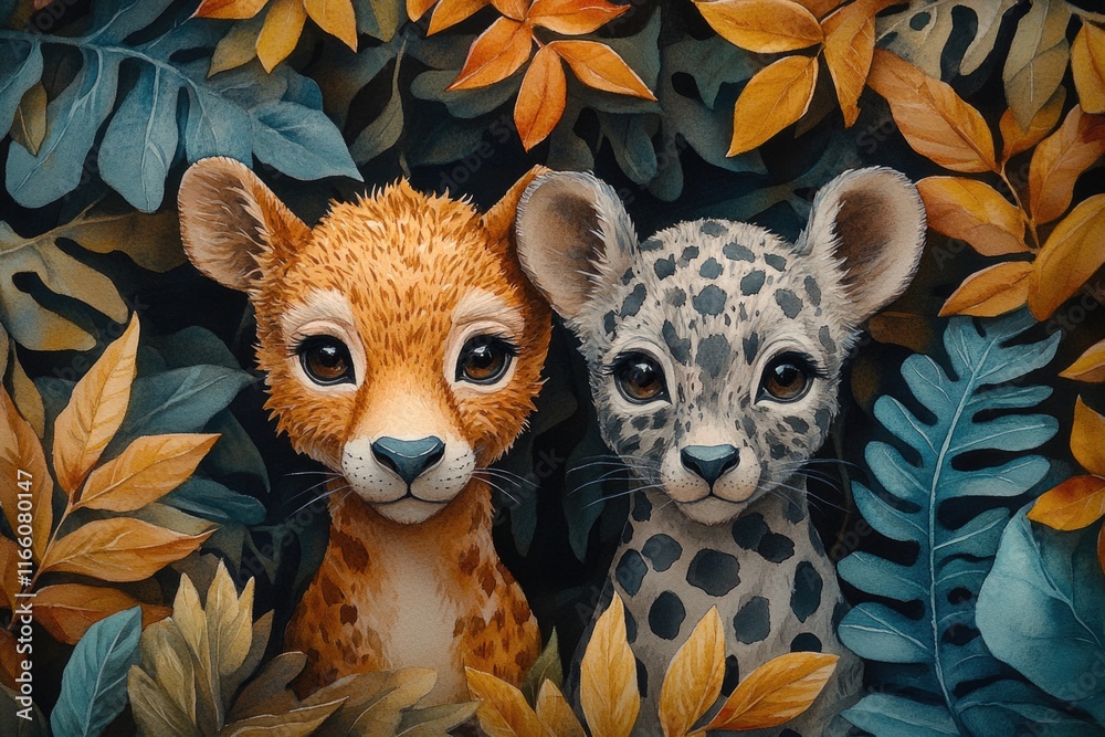 Poster a giraffe and leopard coexist in a dense jungle, highlighting their unique relationship