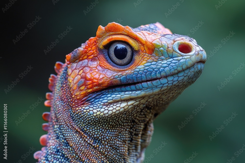 Poster close-up image of a lizard's head on a green background