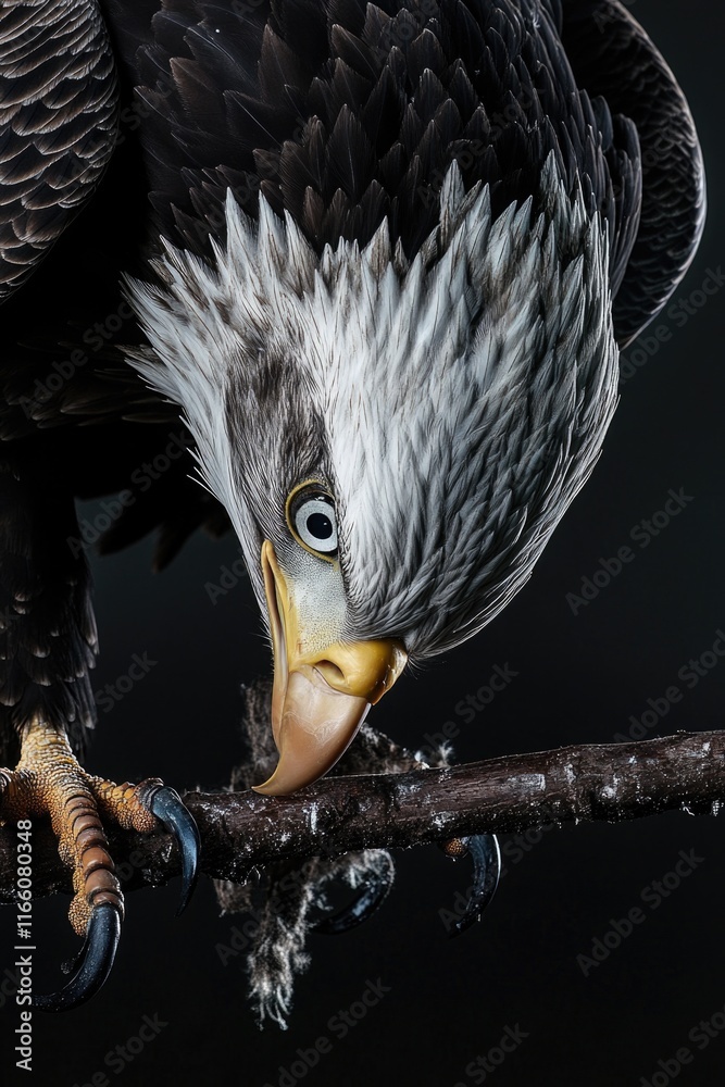 Poster A close-up view of a bird sitting on a branch, focusing on its feathers and beak