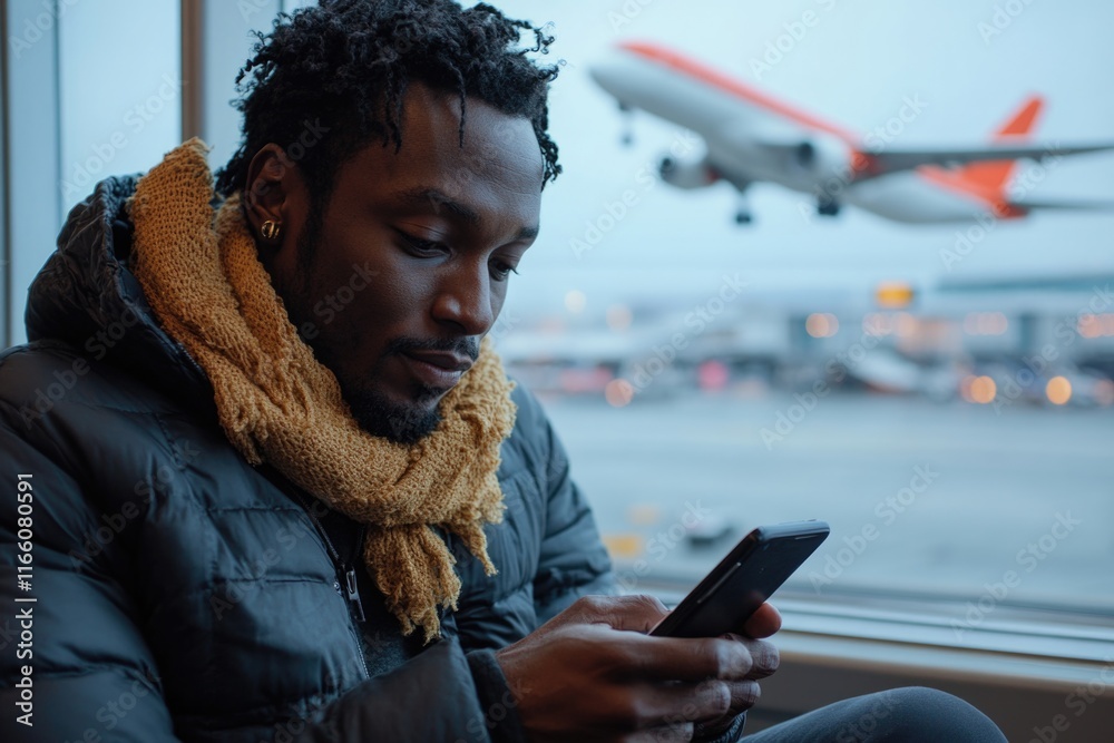 Poster a person looks at their mobile device, likely checking messages or emails