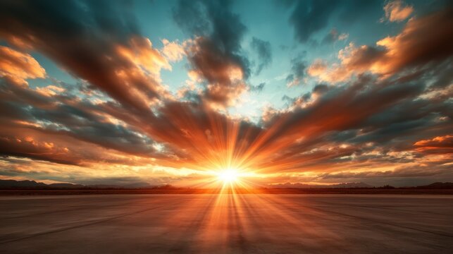 A breathtaking sunset fills the sky with vibrant colors, as rays of light pierce through dramatic clouds, creating a stunning atmospheric display at dusk.