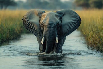 Fototapeta premium A large elephant walking through calm waters