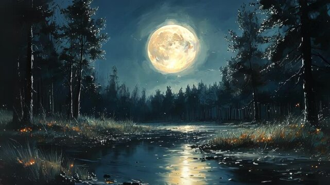 A serene moonlit landscape with a reflective river and towering trees