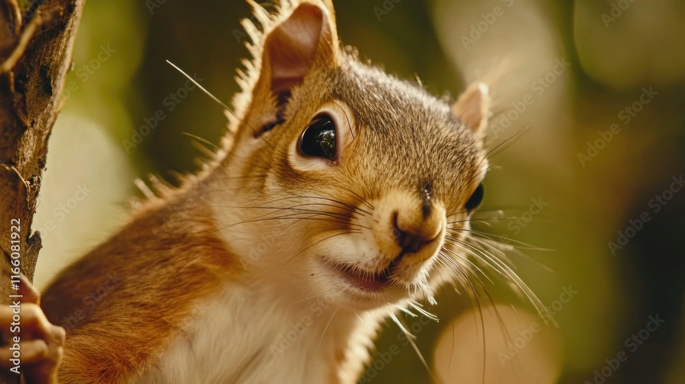 Poster A close-up view of a squirrel sitting on a tree branch, looking alert