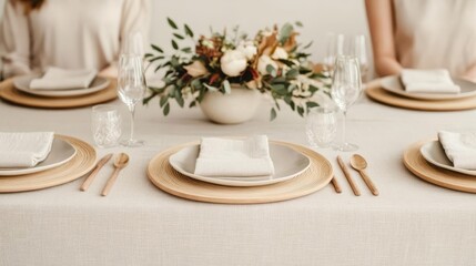 Neutral Thanksgiving table featuring soft beige hues and dried pampas grass, theme cozy elegance