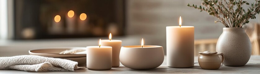 Neutral Thanksgiving table featuring taupe candles and earthy ceramic elements, theme calming serenity