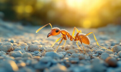 Fototapeta premium Amber ant walks on sunlit pebbles.