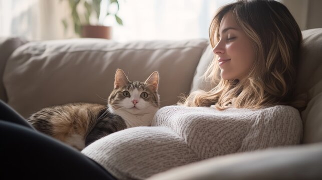 A pregnant woman relaxes on a couch with a cat, showcasing a moment of comfort and companionship. - Powered by Adobe