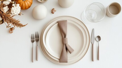 Neutral Thanksgiving table featuring beige tableware and taupe napkin ties, theme clean simplicity
