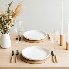 Neutral Thanksgiving table featuring soft natural textures and minimalistic lighting, style calming beauty