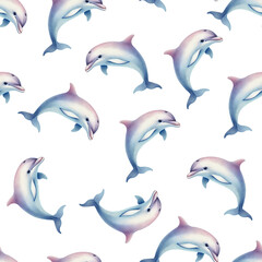Obraz premium Seamless pattern of watercolor illustration of dolphins on transparent background. Nautical art of jumping dolphin