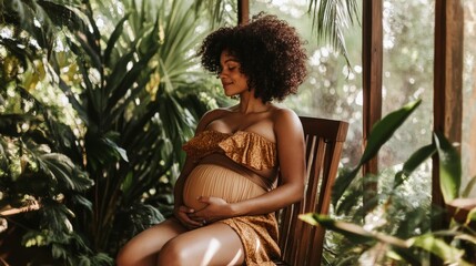 A serene pregnant woman seated among lush greenery, embracing motherhood and tranquility.
