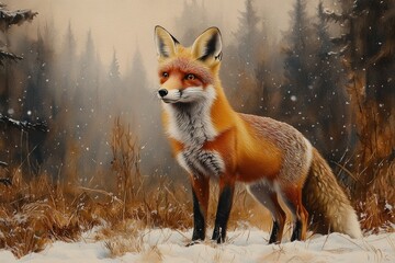 A painting of a foxy figure standing in a snowy landscape