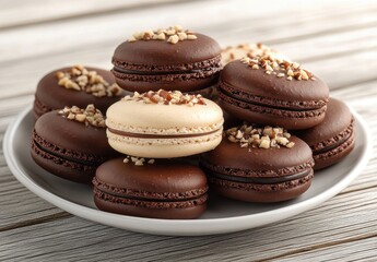 Fototapeta premium A Delicious Plate of Chocolate Macarons with Nut Toppings Arranged Aesthetically on a Wooden Table Perfect for Dessert Lovers and Food Photography