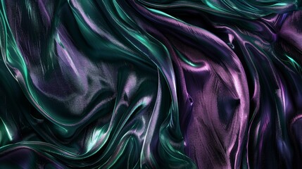 Fototapeta premium Smooth elegant green and purple metallic silk or satin folds forming an abstract background with waves and ripples