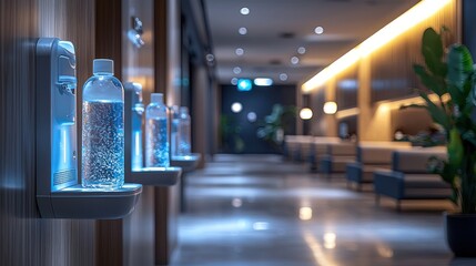 Naklejka premium Bottled water dispensers in a modern hallway.