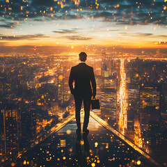 Businessman overlooking a vibrant city skyline at sunset while holding a briefcase. Generative AI