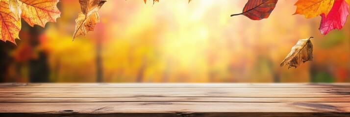 Autumn leaves, wooden table, golden sunlight, bokeh background, rustic scene, warm colors, fall foliage, cozy atmosphere, nature backdrop, harvest season, orange and yellow hues, soft focus, nostalgic