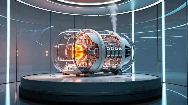 Futuristic Energy Generator with Transparent Design and High-Tech Elements in a Sci-Fi Laboratory Setting

